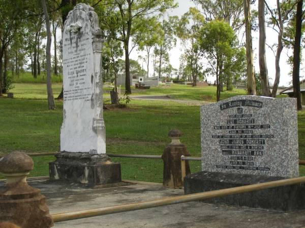 William DOHERTY,  | father,  | died at Laurel Hill Pimpama 17 March 1904 aged 66 years;  | Eliza DOHERTY,  | died Pimpama 25 July 1908 aged 70 years;  | Lily DOHERTY,  | sister,  | died Pimpama 15 July 1907 aged 34 years;  | John James DOHERTY,  | brother,  | aged 1 year 9 months;  | Margaret Ann,  | died 11-5-1969 aged 92 years;  | erected April 1991 replacing original;  | Pimpama Uniting cemetery, Gold Coast  | 