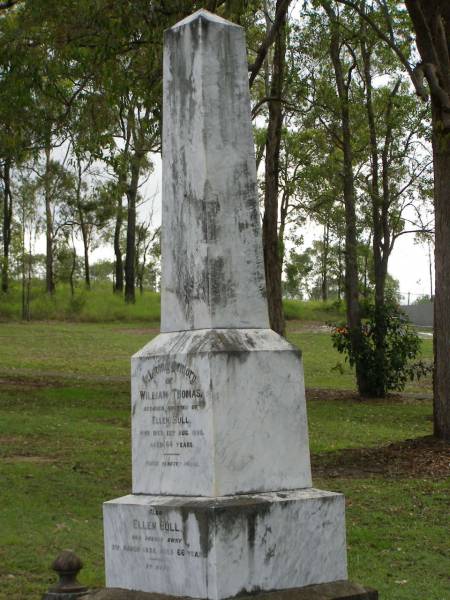 William Thomas,  | husband of Ellen BULL,  | died 13 Aug 1923 aged 64 years;  | Ellen BULL,  | died 3 March 1935 aged 66 years;  | Pimpama Uniting cemetery, Gold Coast  | 