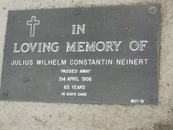 Julius Wilhelm Constantin NEINERT,  | died 2 April 1906 aged 65 years;  | Pimpama Uniting cemetery, Gold Coast  | 