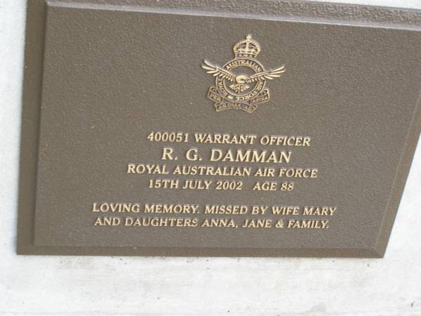 R.G. DAMMAN,  | died 15 July 2002 aged 88 years,  | wife Mary,  | daughters Anna & Jane;  | Pimpama Uniting cemetery, Gold Coast  | 