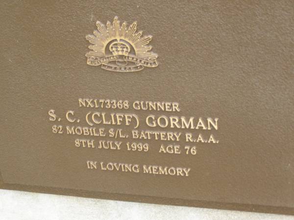 S.C. (Cliff) GORMAN,  | died 8 July 1999 aged 76 years;  | Pimpama Uniting cemetery, Gold Coast  | 