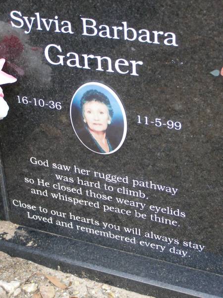 Sylvia Barbara GARNER,  | 16-10-36 - 11-5-99;  | Pimpama Uniting cemetery, Gold Coast  | 