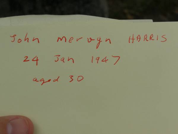 John Mervyn HARRIS,  | died 24 Jan 1947 aged 30 years;  | Pimpama Uniting cemetery, Gold Coast  |   | 