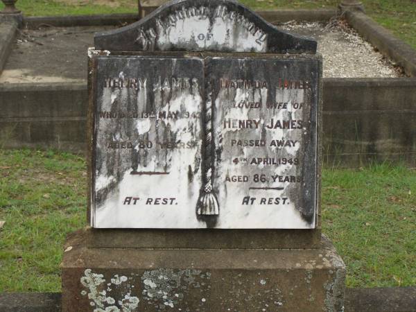 Henry JAMES,  | died 13 May 1943 aged 80 years;  | Mathilda JAMES,  | wife of Henry JAMES,  | died 4 April 1949 aged 86 years;  | Pimpama Uniting cemetery, Gold Coast  | 
