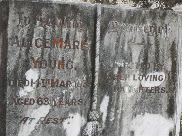 Alice Maria YOUNG,  | died 14 Mar 1931 aged 63 years,  | erected by daughters;  | Pimpama Uniting cemetery, Gold Coast  | 