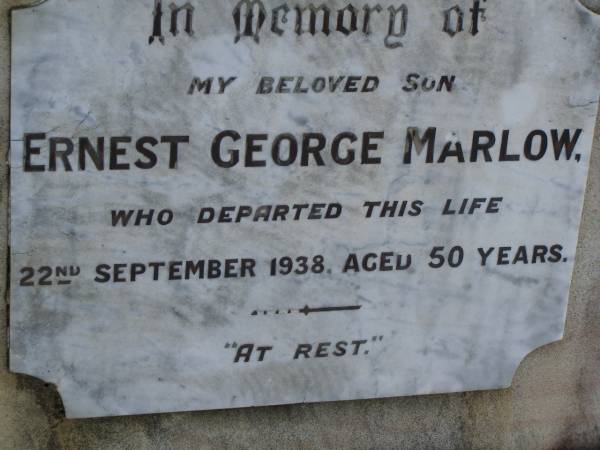 Ernest George MARLOW,  | son,  | died 22 Sept 1938 aged 50 years;  | Pimpama Uniting cemetery, Gold Coast  | 