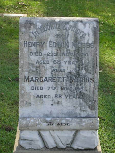 Henry Edwin MOBBS jnr,  | died 2-8-38 aged 39 years;  | Henry Edwin MOBBS,  | died 23 Nov 1930 aged 68 years;  | Margaretta MOBBS,  | died 7 Nov 1951 aged 88 years;  | Pimpama Uniting cemetery, Gold Coast  | 