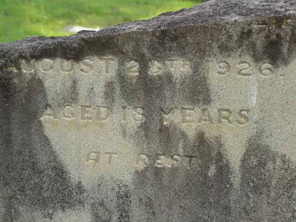 Margaret,  | daughter of A. & M.  MCNEILL,  | died 28 Aug 1926 aged 18 years;  | Pimpama Uniting cemetery, Gold Coast  | 