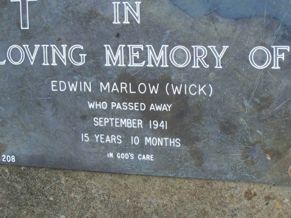Edwin (Wick) MARLOW,  | died Setp 1941 aged 15 years 10 months;  | Pimpama Uniting cemetery, Gold Coast  | 