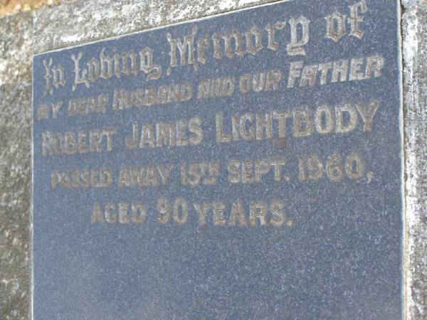 Robert James LIGHTBODY,  | husband father,  | died 15 Sept 1960 aged 90 years;  | Pimpama Uniting cemetery, Gold Coast  | 