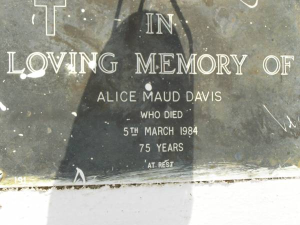Jack William DAVIS,  | died 20 Nov 1983 aged 73 years;  | Alice Maud DAVIS,  | died 5 March 1984 aged 75 years;  | Pimpama Uniting cemetery, Gold Coast  | 