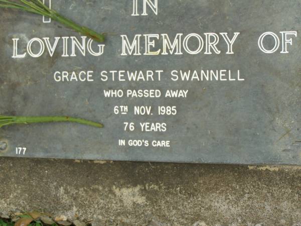 Grace Stewart SWANNELL,  | died 6 Nov 1985 aged 76 years;  | Pimpama Uniting cemetery, Gold Coast  | 