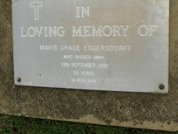Mavis Grace EGGERSDORFF,  | died 29 Sept 1991 aged 55 years;  | Pimpama Uniting cemetery, Gold Coast  | 