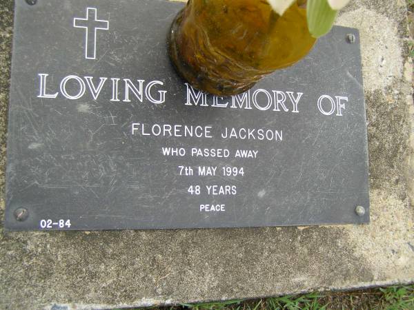 Florence JACKSON,  | died 7 May 1994 aged 48 years;  | Pimpama Uniting cemetery, Gold Coast  | 