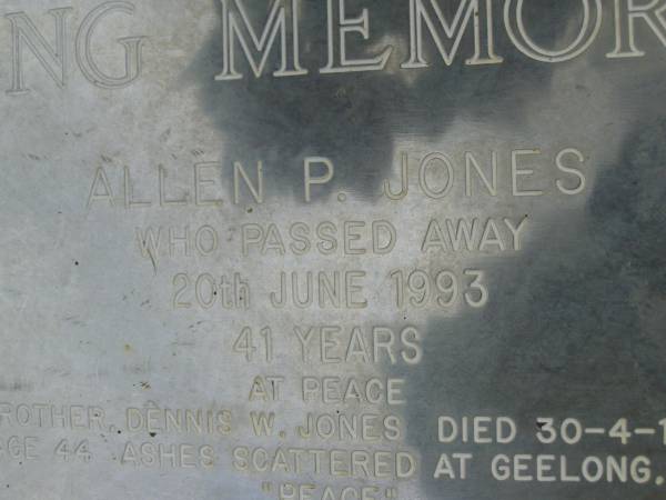 Allen P. JONES,  | died 20 June 1993 aged 41 years;  | Dennis W. JONES,  | brother,  | died 30-4-1993 aged 44 years,  | ashes scattered at Geelong VIC;  | Pimpama Uniting cemetery, Gold Coast  | 