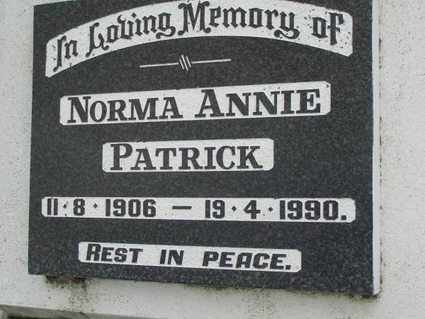 Norma Annie PATRICK,  | 11-8-1906 - 19-4-1990;  | Pimpama Uniting cemetery, Gold Coast  | 