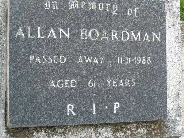 Allan BOARDMAN,  | died 11-11-1988 aged 61 years;  | Pimpama Uniting cemetery, Gold Coast  | 