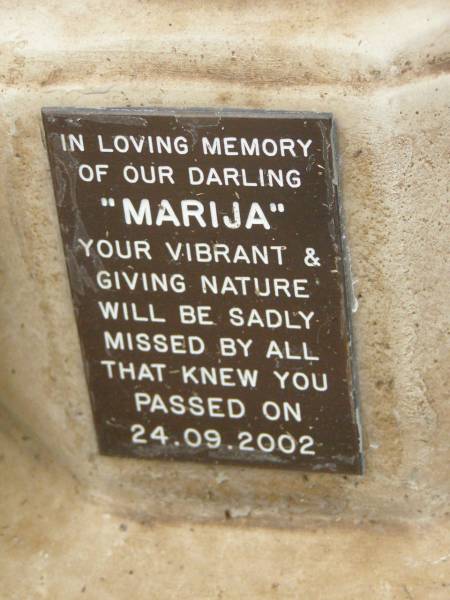 Marija,  | died 24-09-2002;  | Pimpama Uniting cemetery, Gold Coast  | 