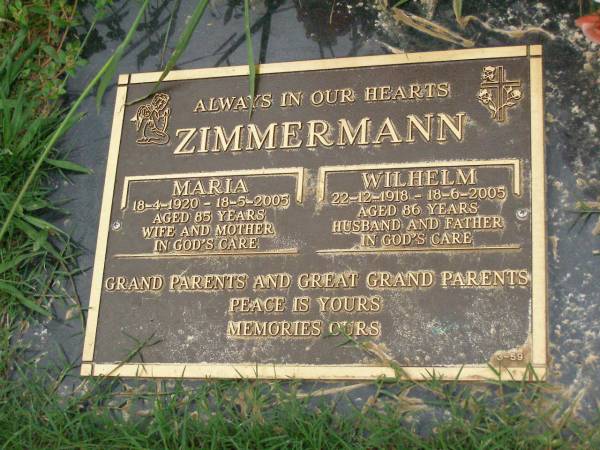 Maria ZIMMERMANN,  | 18-4-1920 - 18-5-2005 aged 85 years,  | wife mother;  | Wilhelm ZIMMERMANN,  | 22-12-1918 - 18-6-2005 aged 86 years,  | husband father;  | grandparents great-grandparents;  | Pimpama Uniting cemetery, Gold Coast  | 