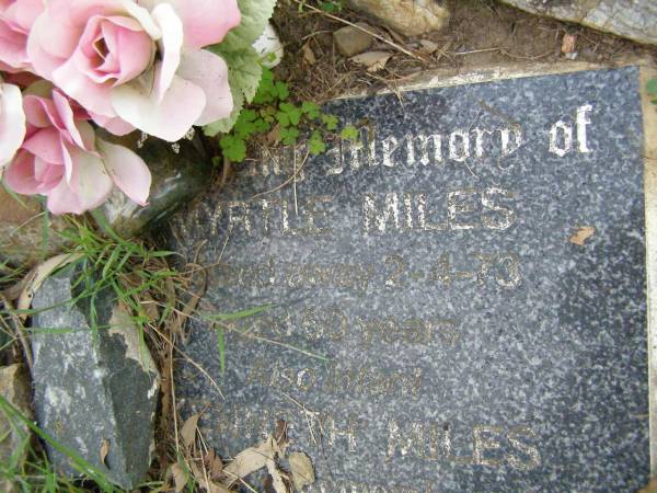 Myrtle MILES,  | died 2-4-73 aged 60 years;  | Kenneth MILES,  | infant;  | [REDO]  | Pimpama Uniting cemetery, Gold Coast  | 