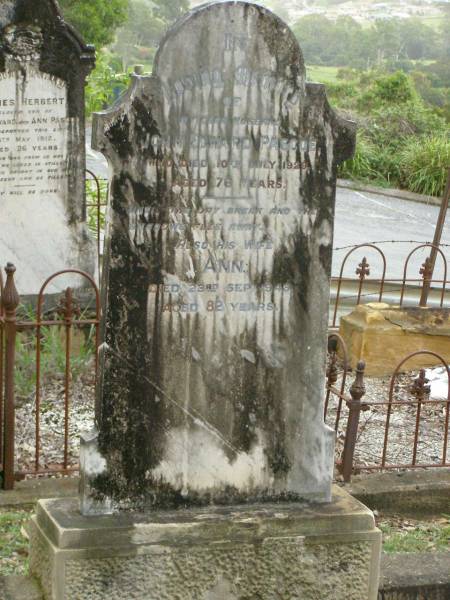 John Edward PASCOE,  | husband,  | died 10 July 1929 aged 76 years;  | Ann,  | wife,  | died 23 Sep 1943 aged 82 years;  | Pimpama Uniting cemetery, Gold Coast  | 