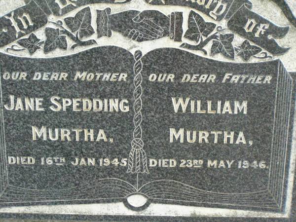 Jane SPEDDING MURTHA,  | mother,  | died 16 Jan 1945;  | William MURTHA,  | father,  | died 23 May 1946;  | Pimpama Uniting cemetery, Gold Coast  | 