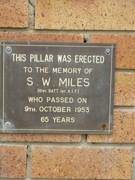 S.W. MILES,  | died 9 Oct 1953 aged 65 years;  | Pimpama Uniting cemetery, Gold Coast  | 
