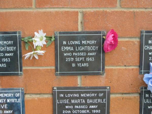 Emma LIGHTBODY,  | died 25 Sept 1963 aged 81 years;  | Pimpama Uniting cemetery, Gold Coast  | 