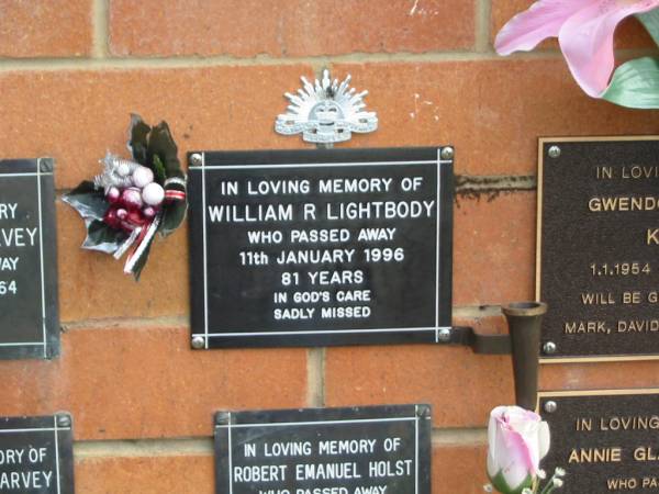 William R. LIGHTBODY,  | died 11 Jan 1996 aged 81 years;  | Pimpama Uniting cemetery, Gold Coast  | 