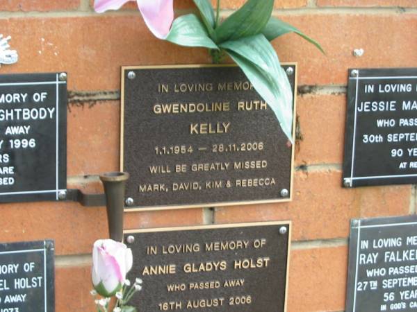 Gwendoline Ruth KELLY,  | 1-1-1954 - 28-11-2006,  | missed by Mark, David, Kim & Rebecca;  | Pimpama Uniting cemetery, Gold Coast  | 