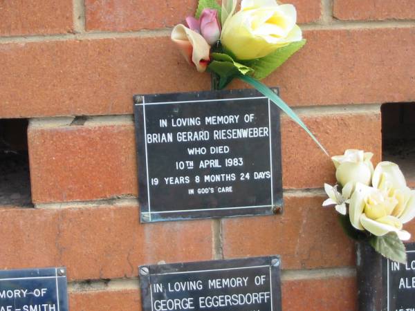 Brian Gerard RIESENWEBER,  | died 10 April 1983 aged 19 years 8 months 24 days;  | Pimpama Uniting cemetery, Gold Coast  | 