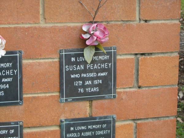 Susan PEACHEY,  | died 12 Jan 1974 aged 76 years;  | Pimpama Uniting cemetery, Gold Coast  | 