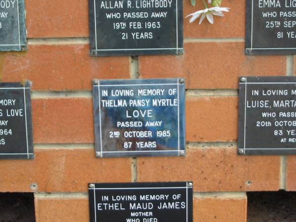 Thelma Pansy Myrtle LOVE,  | died 2 Oct 1985 aged 87 years;  | Pimpama Uniting cemetery, Gold Coast  | 
