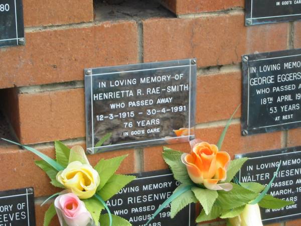 Henrietta R. RAE-SMITH,  | died 12-3-1915 - 30-4-1991 aged 76 years;  | Pimpama Uniting cemetery, Gold Coast  | 
