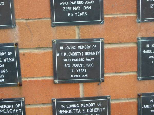 W.T.M. (Monty) DOHERTY,  | died 18 Aug 1980 aged 71 years;  | Pimpama Uniting cemetery, Gold Coast  | 