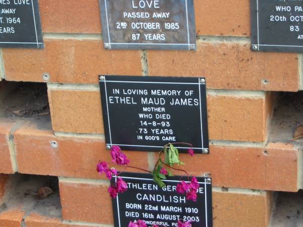 Ethel Maud JAMES,  | mother,  | died 14-8-93 aged 73 years;  | Pimpama Uniting cemetery, Gold Coast  | 
