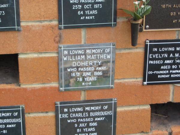 William Matthew DOHERTY,  | died 16 June 1986 aged 78 years;  | Pimpama Uniting cemetery, Gold Coast  | 