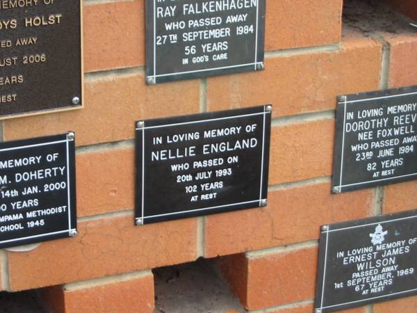 Nellie ENGLAND,  | died 20 July 1993 aged 102 years;  | Pimpama Uniting cemetery, Gold Coast  | 