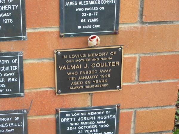 Valmai J. COULTER,  | mother nanna,  | died 11 Jan 1995 aged 59 years;  | Pimpama Uniting cemetery, Gold Coast  | 