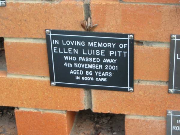 Ellen Luise PITT,  | died 4 Nov 2001 aged 86 years;  | Pimpama Uniting cemetery, Gold Coast  | 
