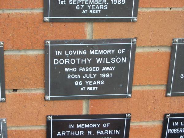 Dorothy WILSON,  | died 20 July 1991 aged 86 years;  | Pimpama Uniting cemetery, Gold Coast  | 