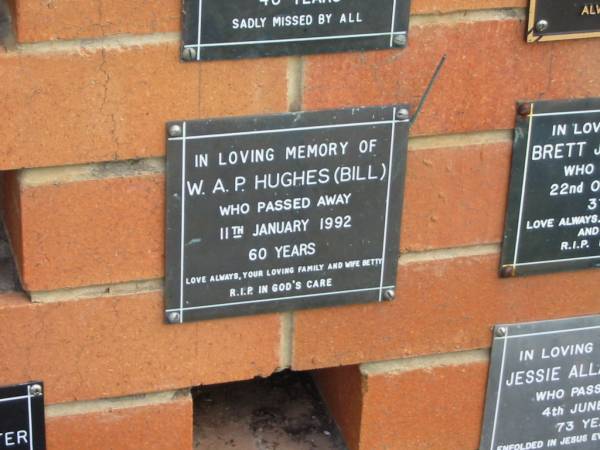 W.A.P. (Bill) HUGHES,  | died 11 Jan 1992 aged 60 years,  | wife Betty;  | Pimpama Uniting cemetery, Gold Coast  | 