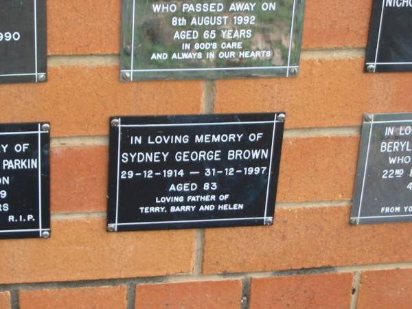 Sydney George BROWN,  | 29-12-1914 - 31-12-1997 aged 83 years,  | father of Terry, Barry & Helen;  | Pimpama Uniting cemetery, Gold Coast  | 