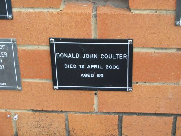 Donald John COULTER,  | died 12 April 2000 aged 69 years;  | Pimpama Uniting cemetery, Gold Coast  | 