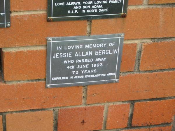 Jessie Allan BERGLIN,  | died 4 June 1993 aged 73 years;  | Pimpama Uniting cemetery, Gold Coast  | 