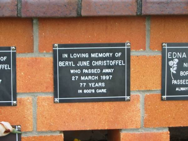 Beryl June CHRISTOFFEL,  | died 27 March 1997 aged 77 years;  | Pimpama Uniting cemetery, Gold Coast  | 