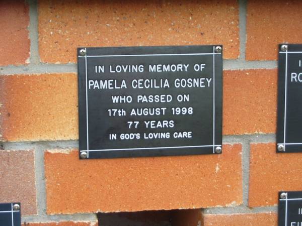 Pamela Cecilia GOSNEY,  | died 17 Aug 1998 aged 77 years;  | Pimpama Uniting cemetery, Gold Coast  | 
