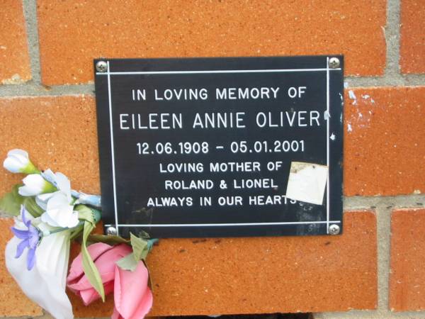 Eileen Annie OLIVER,  | 12-06-1908 - 05-01-2001,  | mother of Roland & Lionel;  | Pimpama Uniting cemetery, Gold Coast  | 