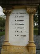 
J.W. PEACHEY;
P.T. JAMES;
R. STEWART;
W. STEWART;
G. STEWART;
D. WILKIE;
W. WILLIAMSON;
Pimpama Uniting cemetery, Gold Coast
