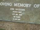 
Ann VAUGHAN,
died 16 Jan 1908 aged 80 years;
Pimpama Uniting cemetery, Gold Coast
